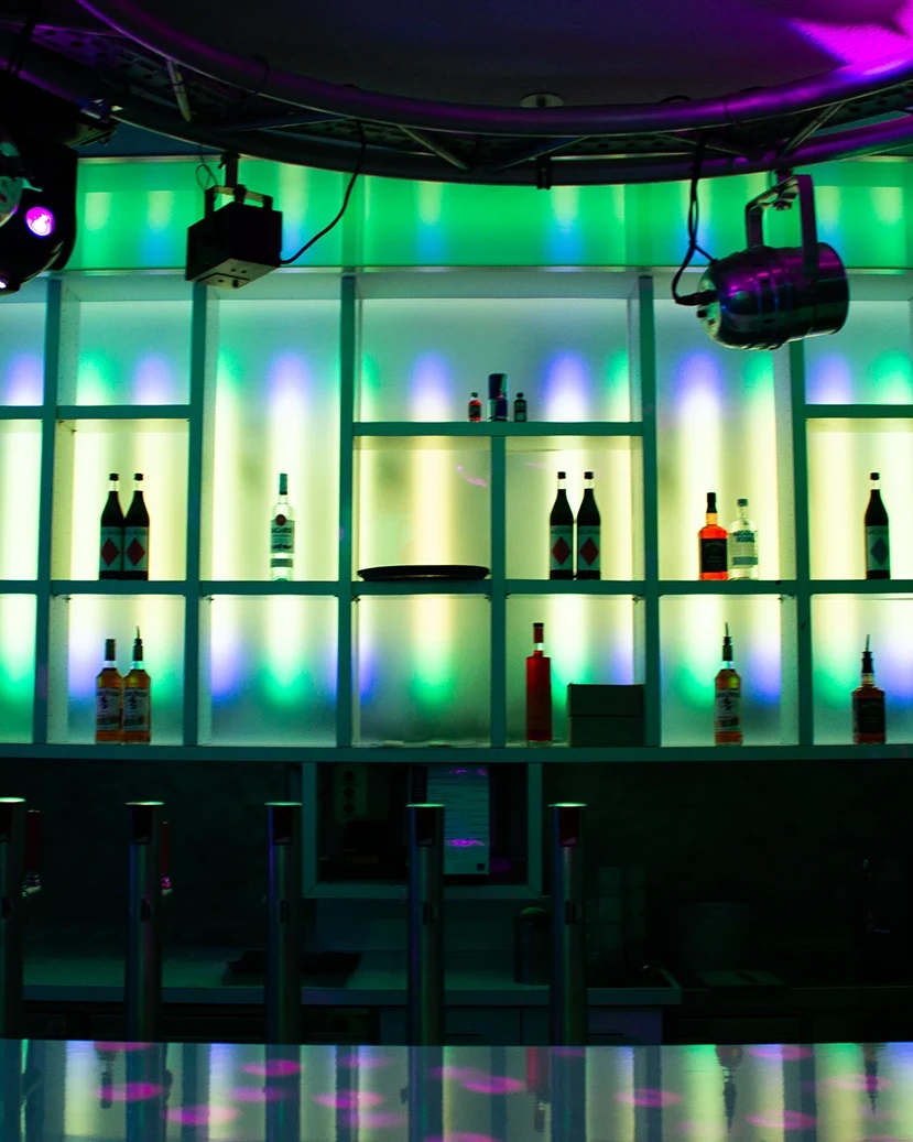Club Auwirt private event venue with bar and lighting setup